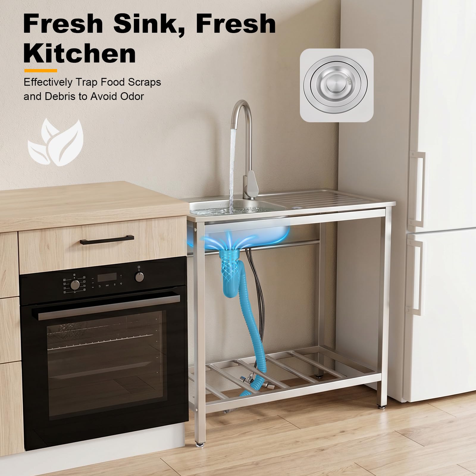 Fregadero independiente de acero inoxidable con grifo, fregadero de cocina para exteriores con encimera, 75 x 40 x 75 cm, lavabo profundo, patas ajustables en altura, para jardín, terraza, camping