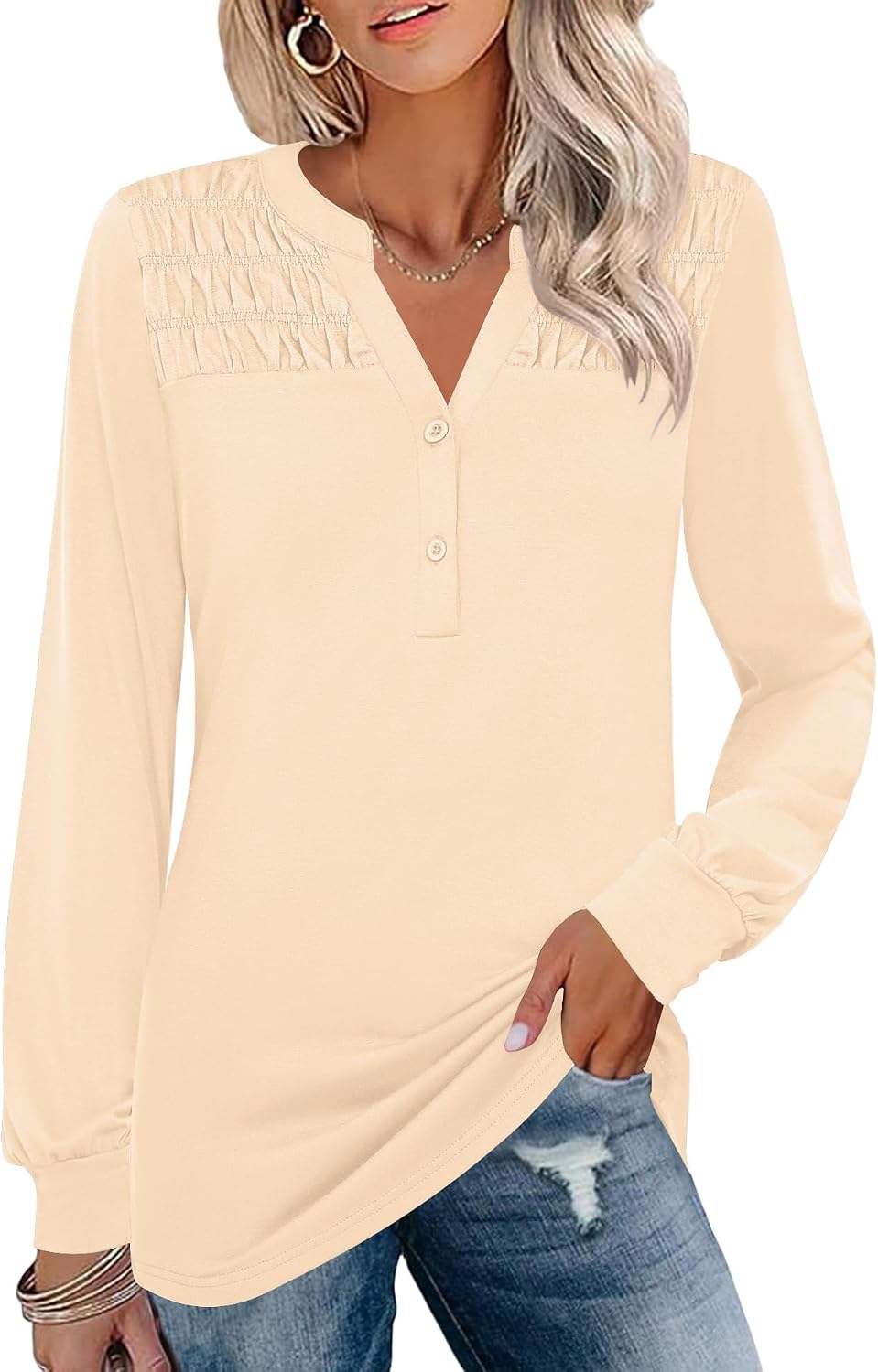 Micoson Women’s Henley V Neck Shirts Button Down Smocked Blouses Casual Long Sleeve Tunic Tops Loose
