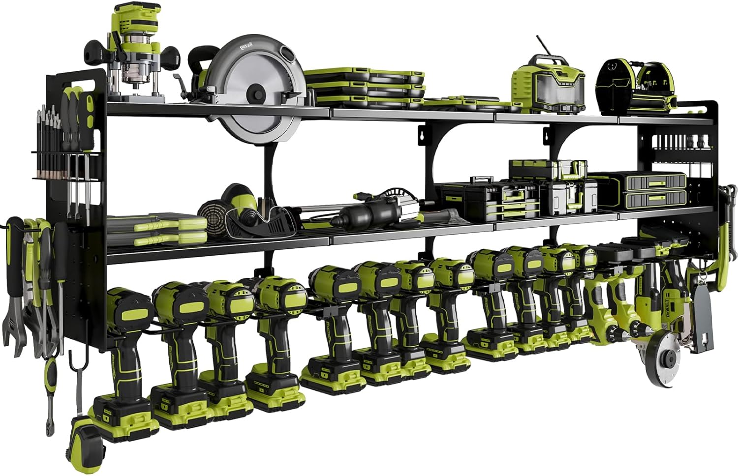 64″ Power Tool Organizer Wall Mount, 16 Slots, 3-Tier Drill & Cordless Tool Storage Holder with Pegboard Sides, Tool Wall Organizer for Garage & Workshop Black