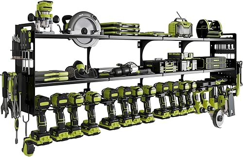 Organizador de herramientas eléctricas de 64 pulgadas para montaje en pared, 16 ranuras, taladro de 3 niveles y soporte de almacenamiento de