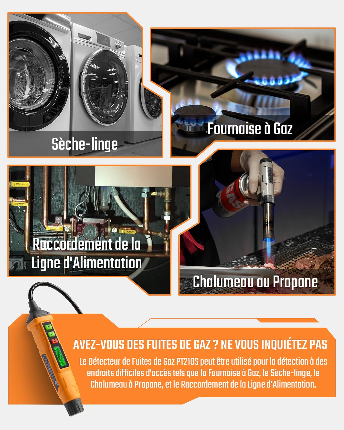 Détecteur de gaz Naturel, TopTes PT210S avec sonde de 10cm Détection pour Les fuites de gaz Naturel et du Propane - Convient pour Les cuisinières et Les Fours, Mesure en% Lie (Pile x2 Incluse)-Orange