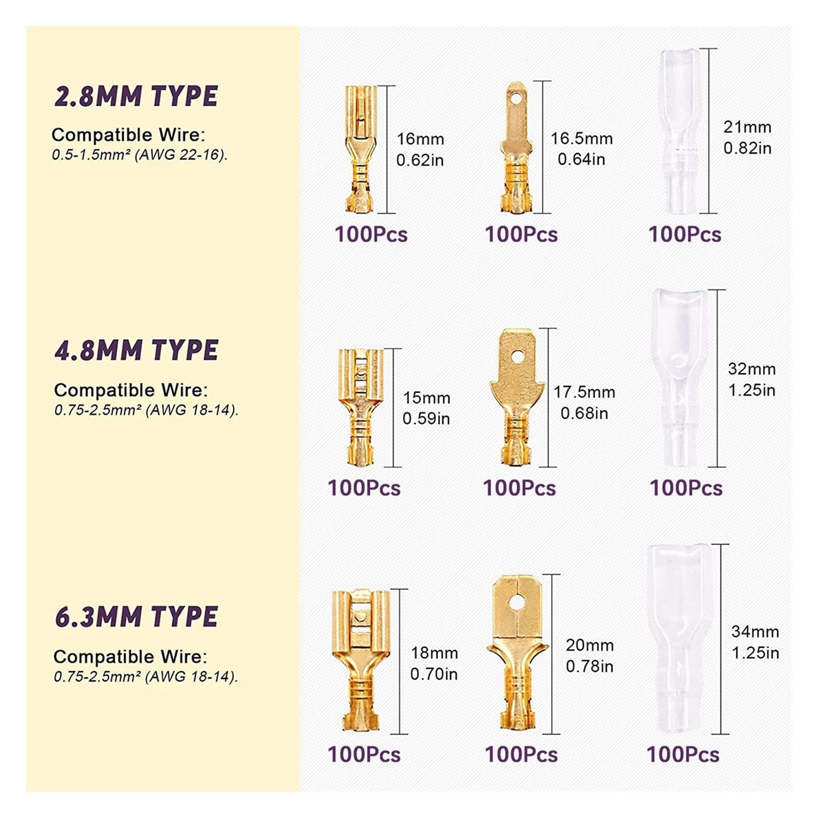 900Pcs Gold 2.8/4.8/6.3mm Male and Female Spade Quick Connectors Wire Crimp Terminal Block with Insulating Sleeve for Electrical(1000PCS)