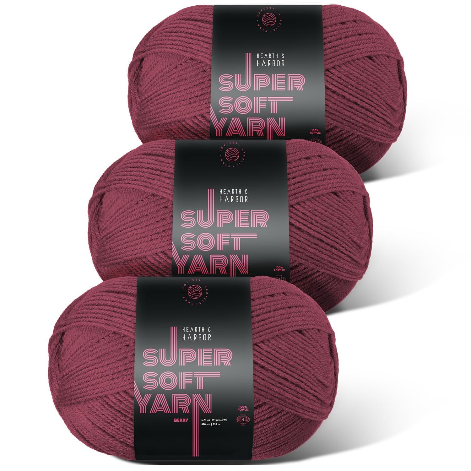 Acrylic Yarn for Crocheting &amp; Knitting – Soft Crochet Yarn for Crocheting, 3 Pack of 370 Yards, Perfect for Crafts &amp; Amigurumi, Medium Worsted Weight 4, Berry