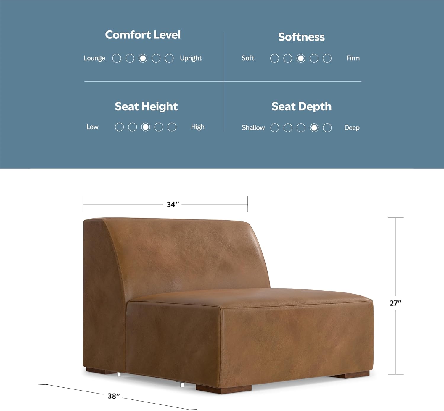 SIMPLIHOME Rex Center Sofa Module in Full-Grain Genuine Leather, Caramel Brown, 34-inches Wide, Handcrafted Modern-Style Armless Sofa or Armless Chair for Living Room and Family Room