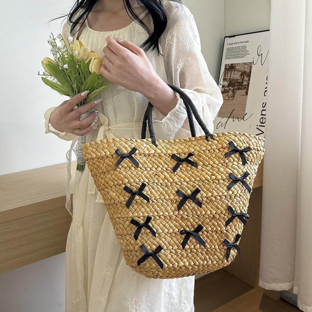 Borsa da donna in paglia con chiusura a cerniera, grande capacità, stile