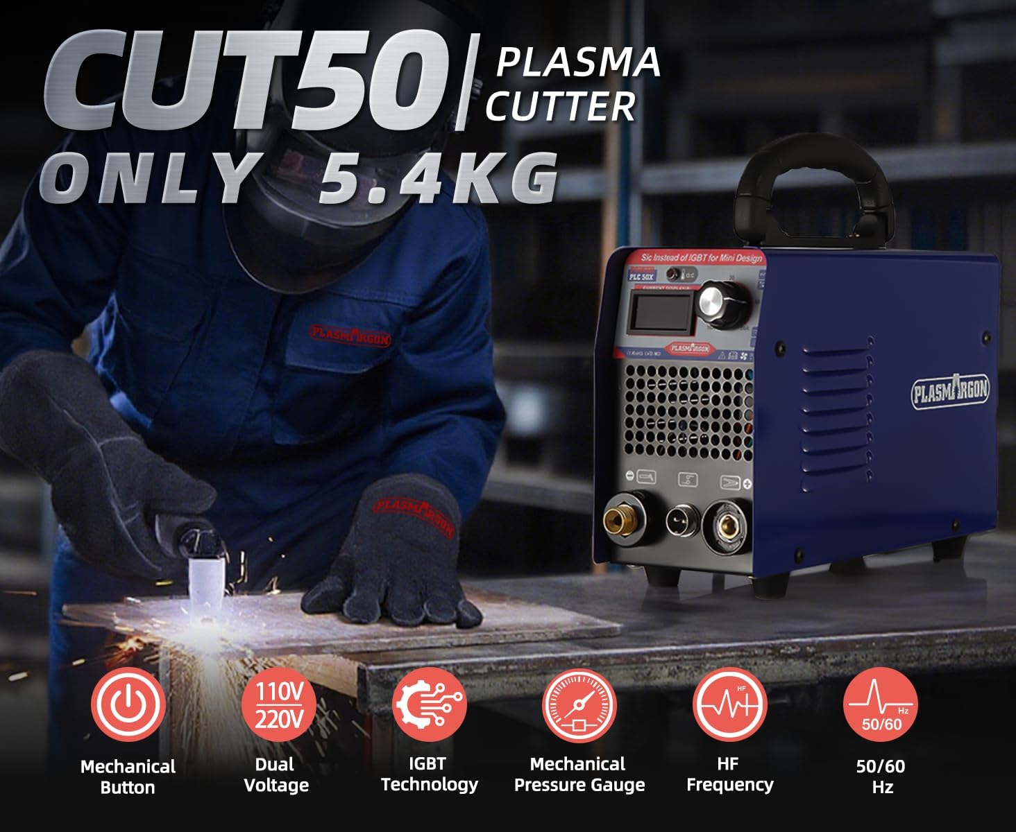 Plasmaschneider PLC50X IGBT - Plasmaschneidgerät mit 50 A, bis 14 mm Schneidleistung - mit Plasmabrenner und Plasma Düsen Set
