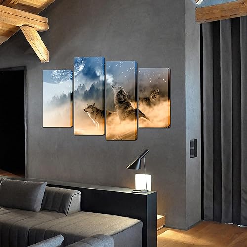 Miniatura 3 de Biuteawal - 4 piezas de arte de pared de animales de lobo aullando a la luna, póster de arte impreso de vida silvestre para decoración moderna del