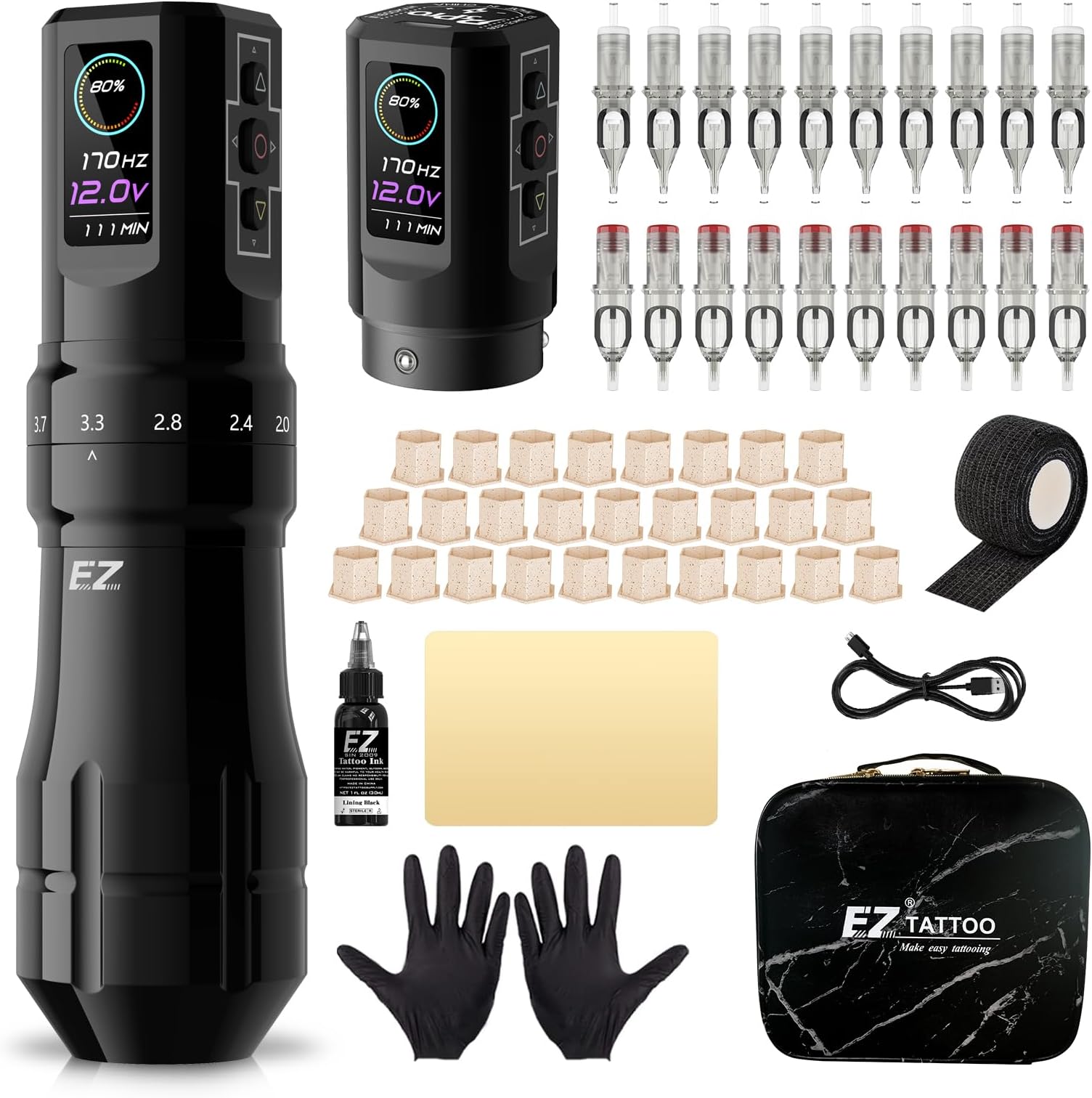 EZ Tattoo Kit - Tattoo Machine Kit Complete with 6 Strokes 2mm-4.2mm Wireless Tattoo Machine Pen with 1600mAh Battery Power Supply for Tattoo Beginners and Tattoo Artists (P3 Pro Gloss Black)