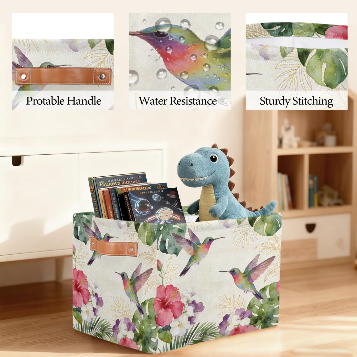 Hibiskuspalmenblätter, rechteckiger Aufbewahrungskorb mit Ledergriffen, 2 Stück, faltbarer Stoff-Aufbewahrungskorb für Schrank, Badezimmer, Wohnzimmer, Büro, Spielzeug, Organizer, Wäschekorb