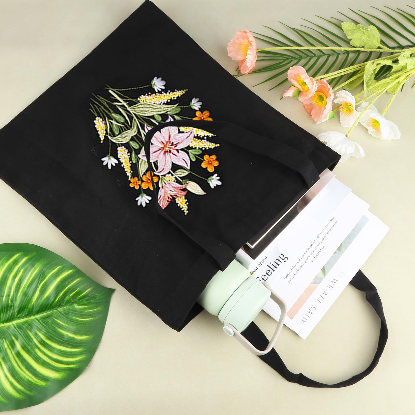 Kit Débutant Broderie Sur Toile Noire - Sac Personnalisable Avec Motif Fleuri - Idéal Pour Adultes Et Débutants