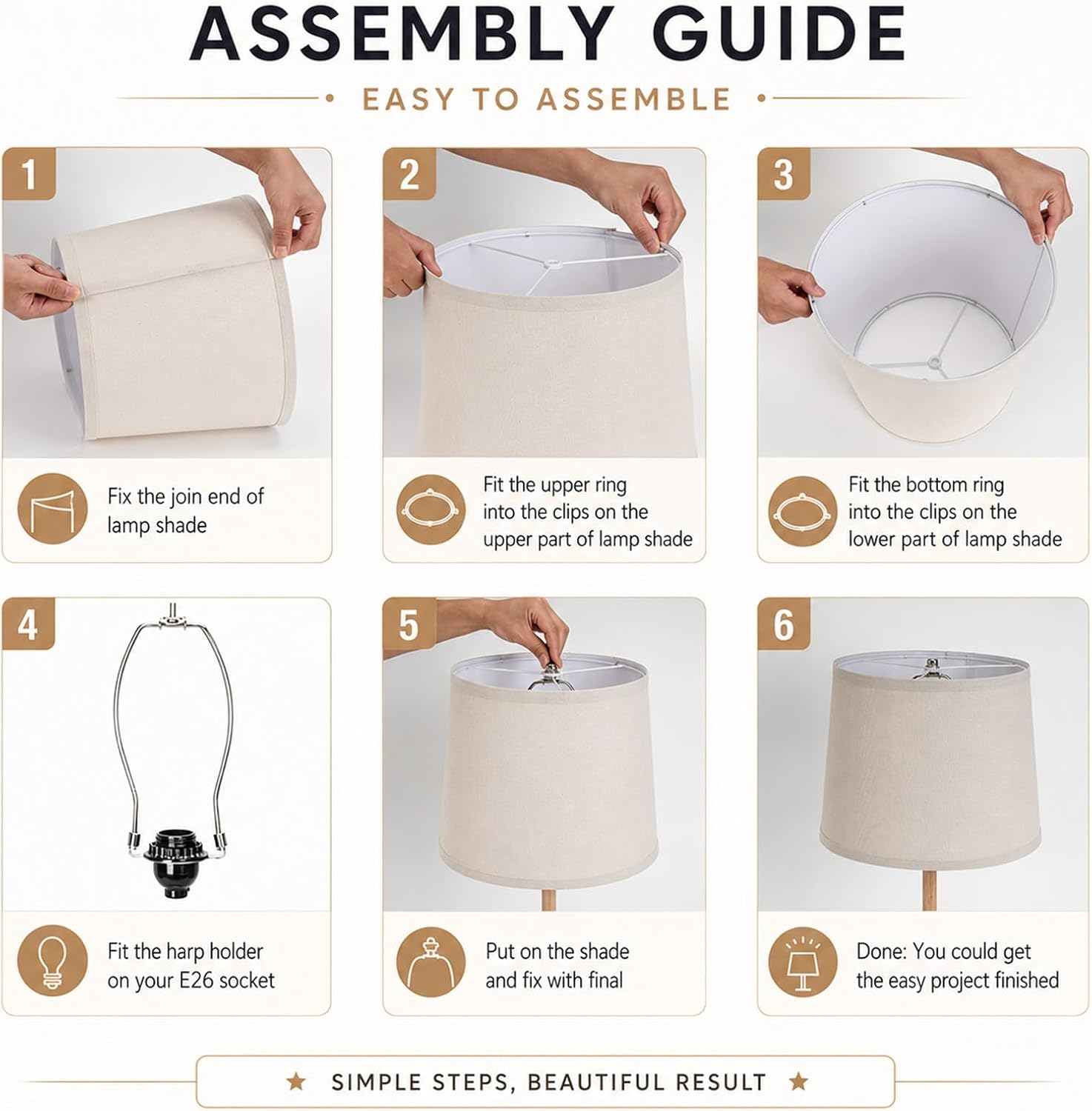 Drum Lampshades Set of 2, Fabric Lampshades for Table Lamps Floor Lamps, Medium Lampshades 11" Top x 13" Bottom x 10" High, Easy Assembly Shades Replacement, Natural Linen Hand Crafted(Spider)
