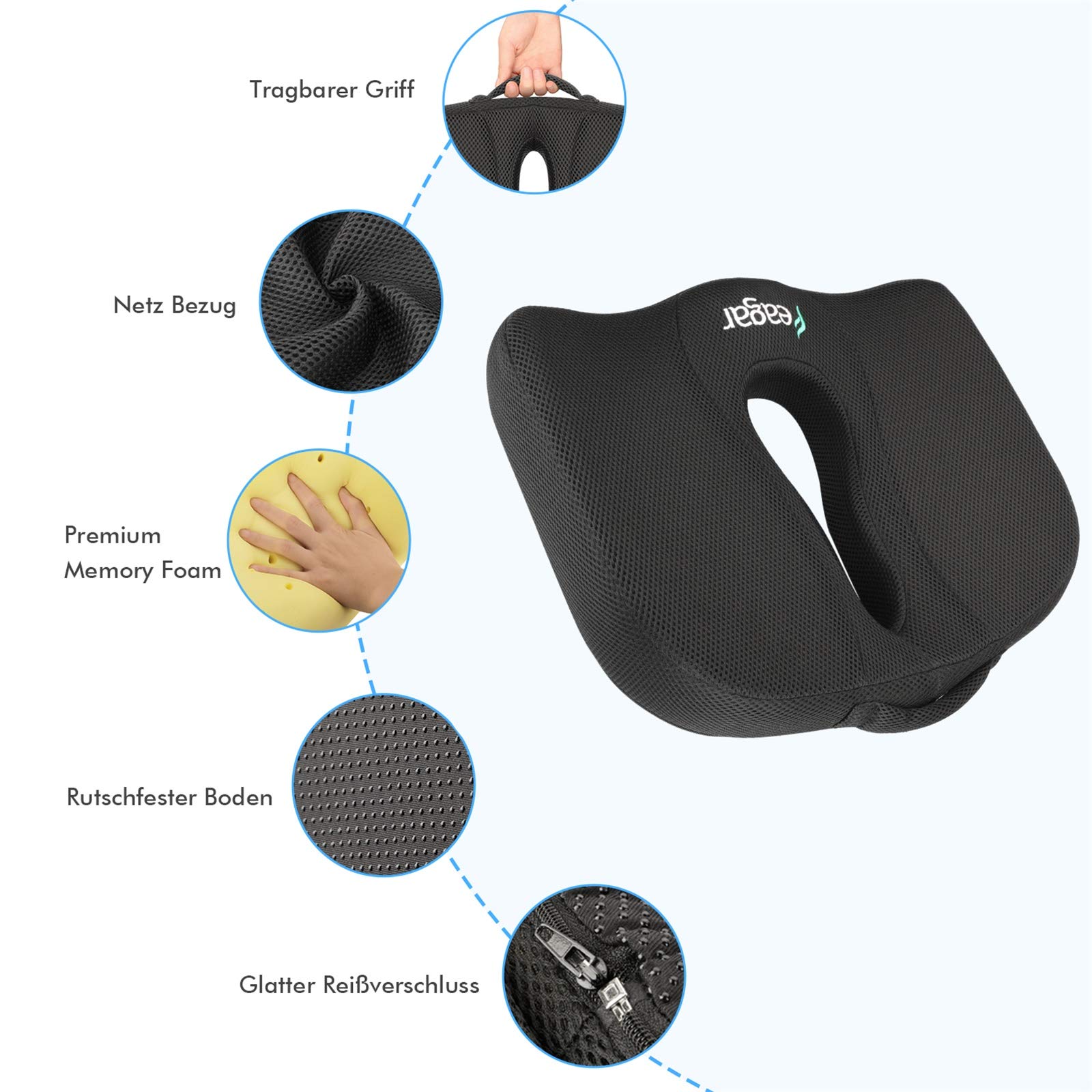 Cuscino Memory Foam Per Coccige A-Pce – Ergonomico Per Sedia Ufficio, Auto, Sedia A Rotelle E Viaggi, Nero, Anti-dolore