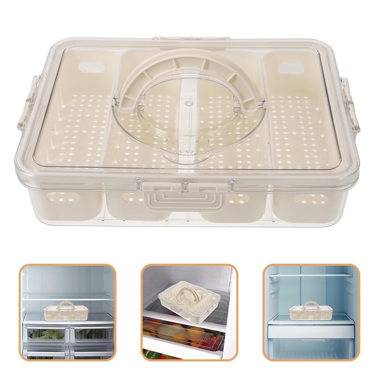 OSALADI Caja de Almacenamiento para Nevera Pet de Grado Alimenticio, Organizador de Congelador Transparente 4 Compartimentos, Diseño Drenaje y Asa Portátil para Conservar Alimentos