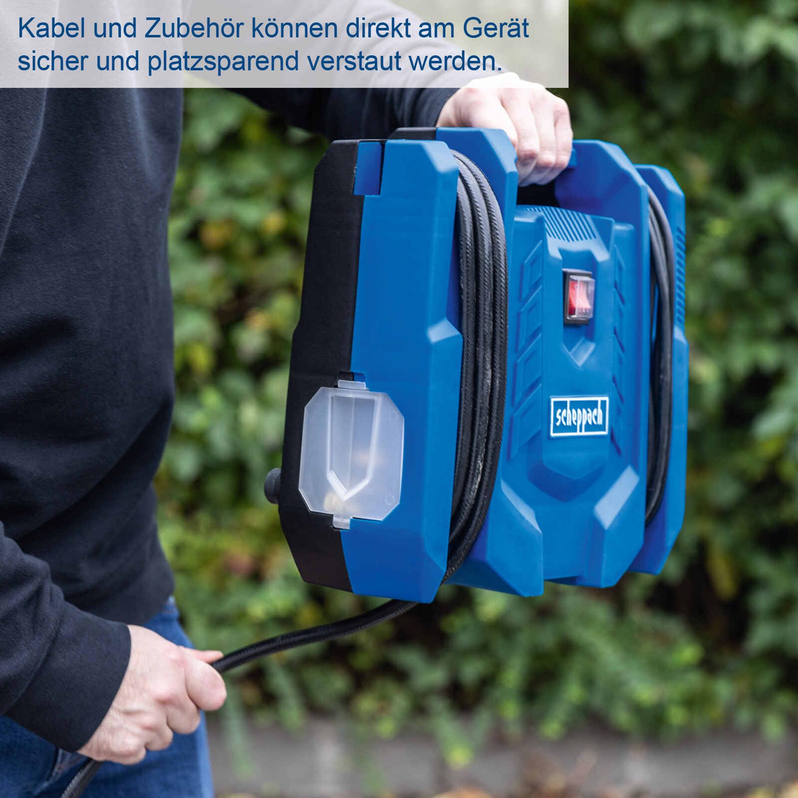 Scheppach mobiler Kompressor Airforce 7 Druckluftkompressor | 230V 1100W | 8bar Druck | 180 L/min | ölfrei & mobil | 8m Arbeitsradius | mit 4m Schlauch, 4m Kabel, Reifenfüller, Luftpistole & 3xAdapter