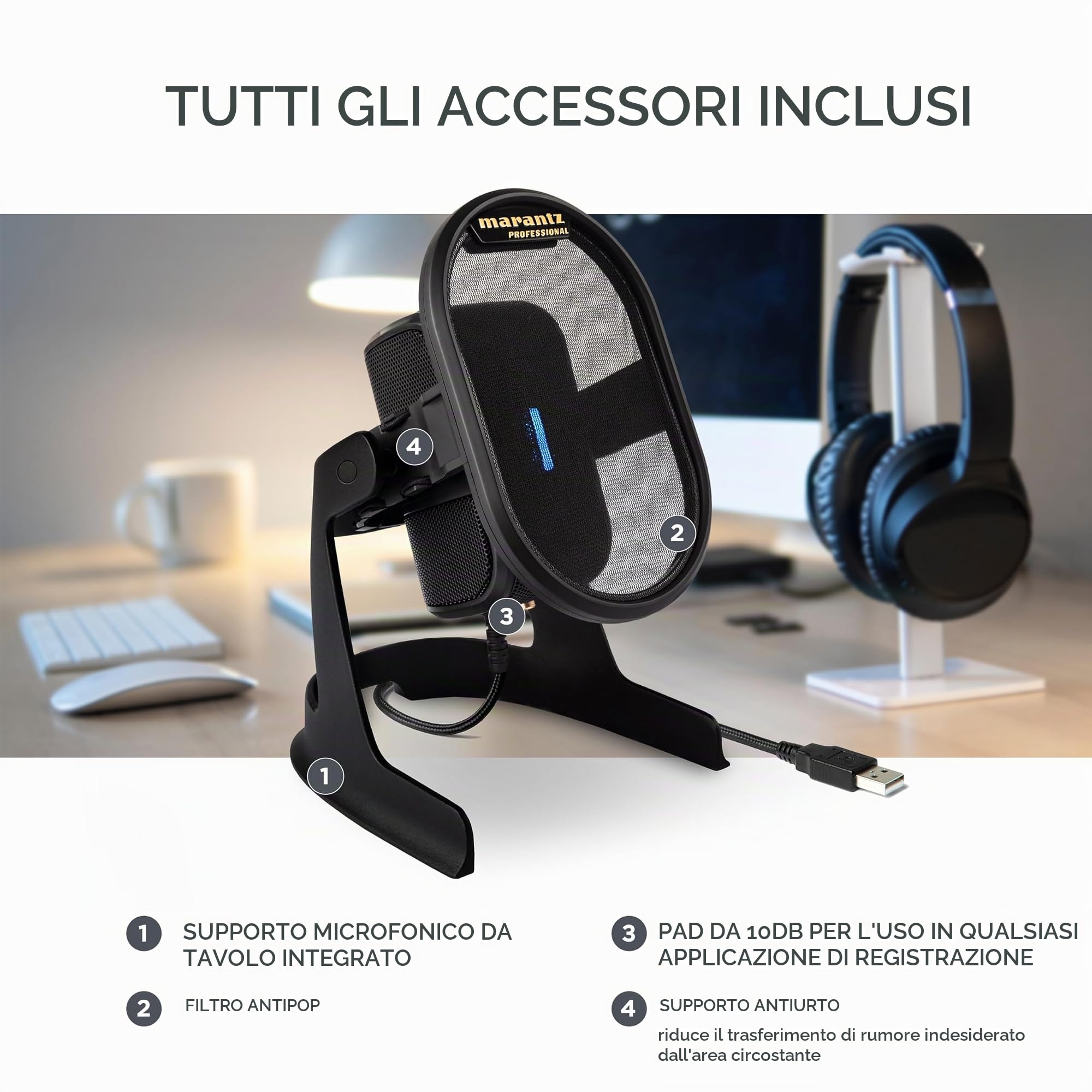 Marantz Professional Umpire – Microfono USB PC per Cattura Audio, YouTube, Streaming, Podcast e PC Gaming; Schermo Antipop, Sospensione Elastica