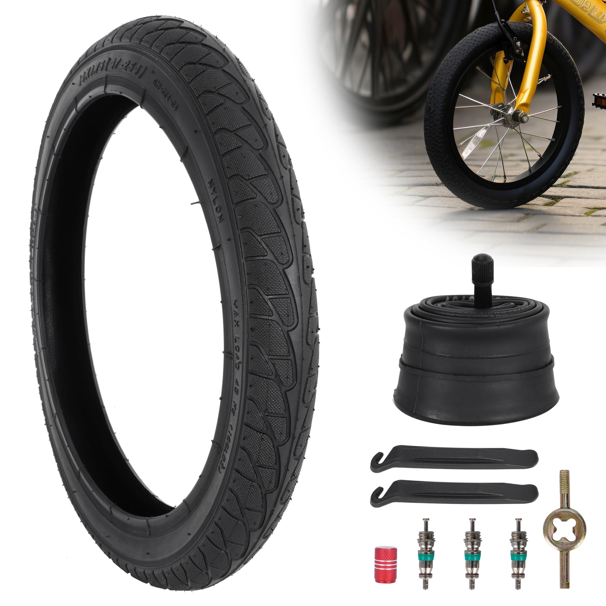 14 Inch Bike Tire, 14x1.75/47-254 Tire and 14x1.75/2.125 Inner Tube with 32MM Schrader Valve for Kids BMX Bike Folding Bicycle