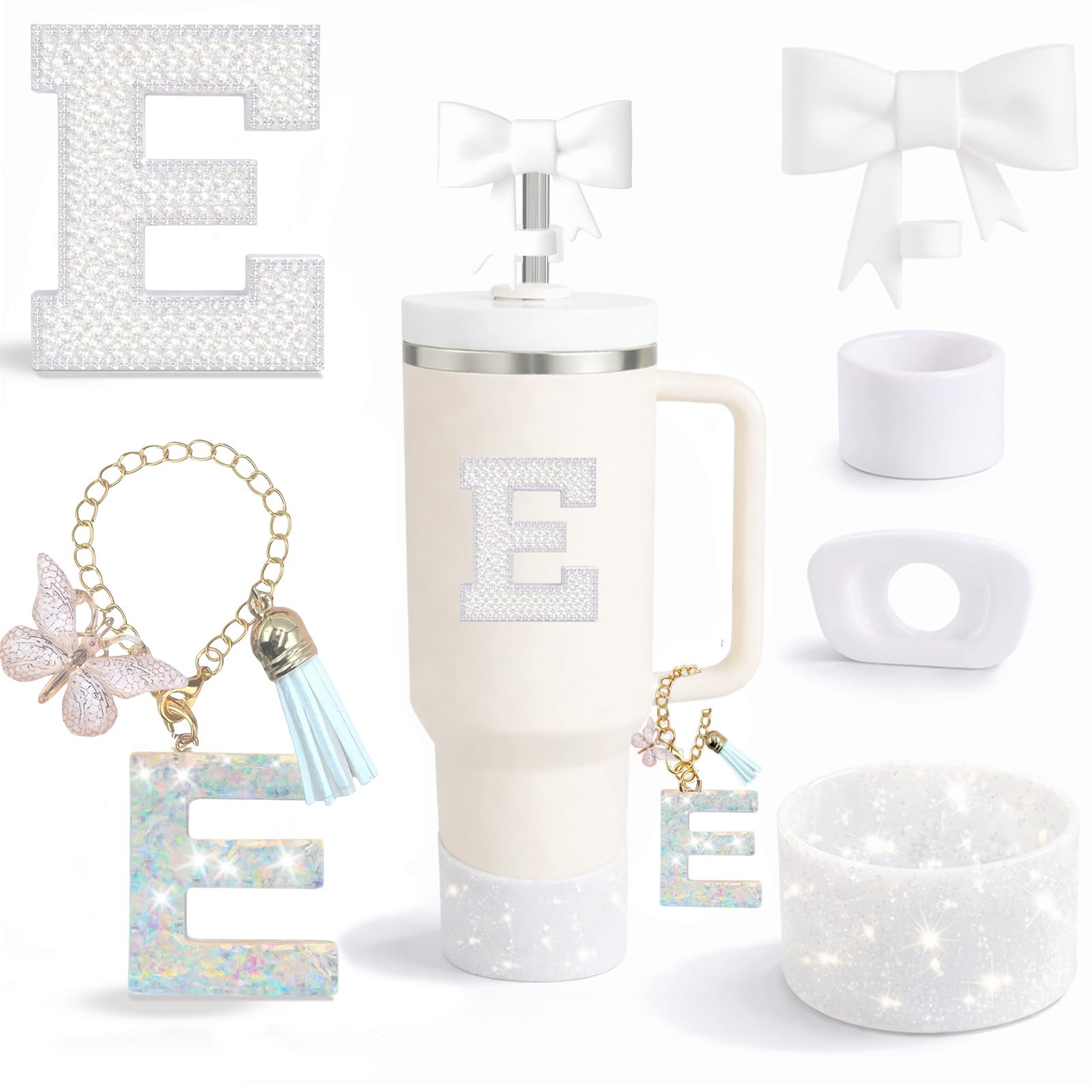6PCS White Stanley Cup Accessories Set Fit for Stanley Cup 30oz 40oz. Including Handle Charm, Personalized Initial Sticker, Straw Topper, Sparkly