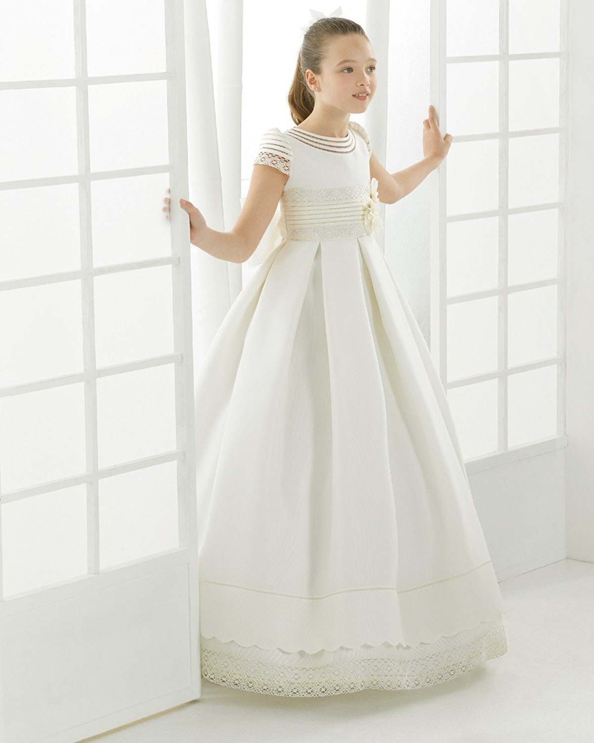 CoCogirls Niñas Blanco Primera Comunión Vestidos Princesa Satén Encaje Niños Media Manga Vestidos de Niña de Flores