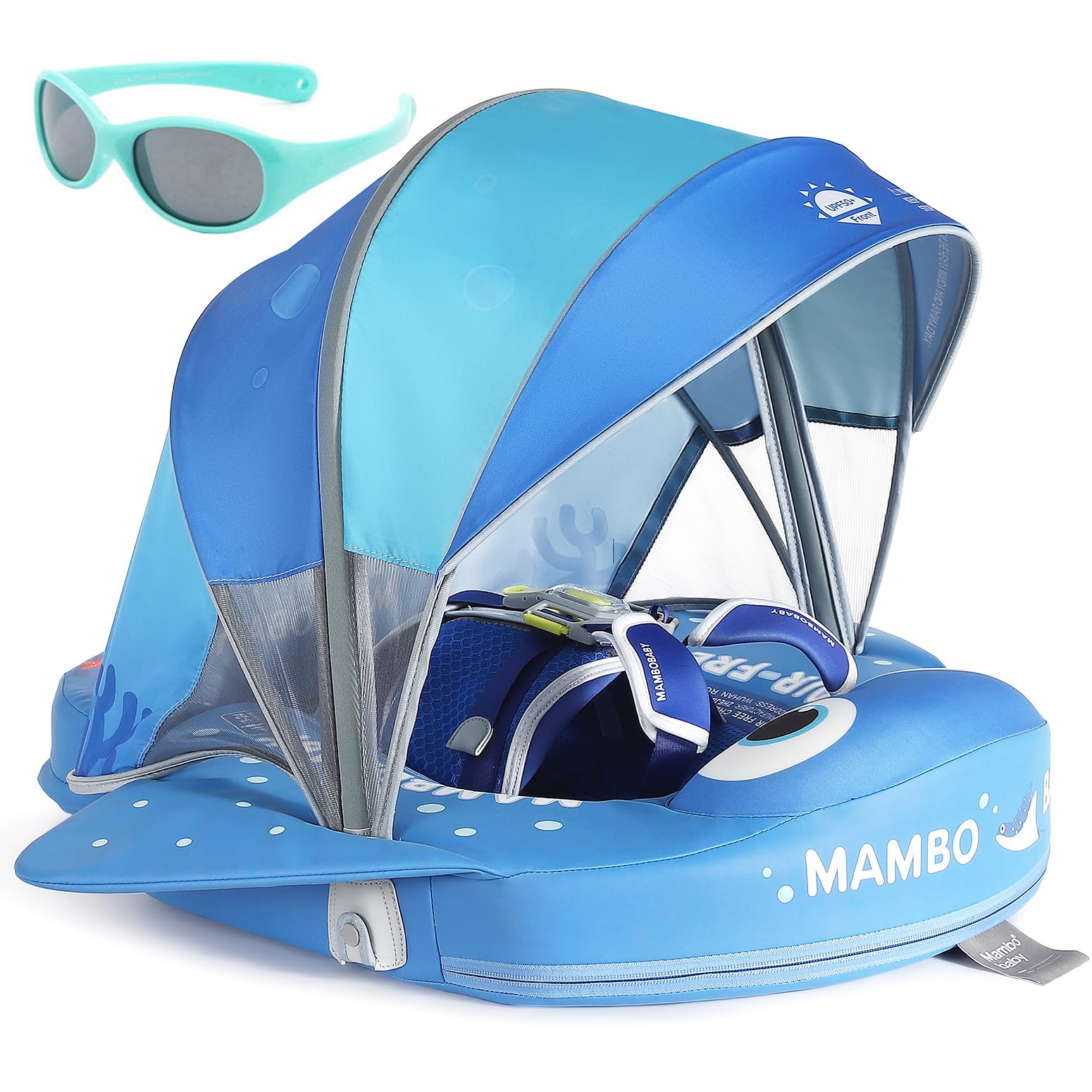 Mambobaby Float Add Tail No Flip Over Non-Inflatable Baby Swim Float Pearl Foam Solid Water Floats Smart Swim Trainer Infant Pool Float Swim Ring with Sun Canopy