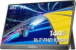 ARZOPA Monitor portátil para jogos de 16,1'' 144Hz, monitor portátil 1080P FHD Kickstand com HDR, ultrafino, cuidados com os olhos, segunda tela externa para laptop, PC, PS5, Mac