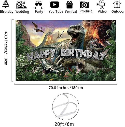 Miniatura 2 de Avezano Telón de fondo de cumpleaños de dinosaurio jurásico con temática de dinosaurio jurásico, pancarta de feliz cumpleaños, decoraciones de
