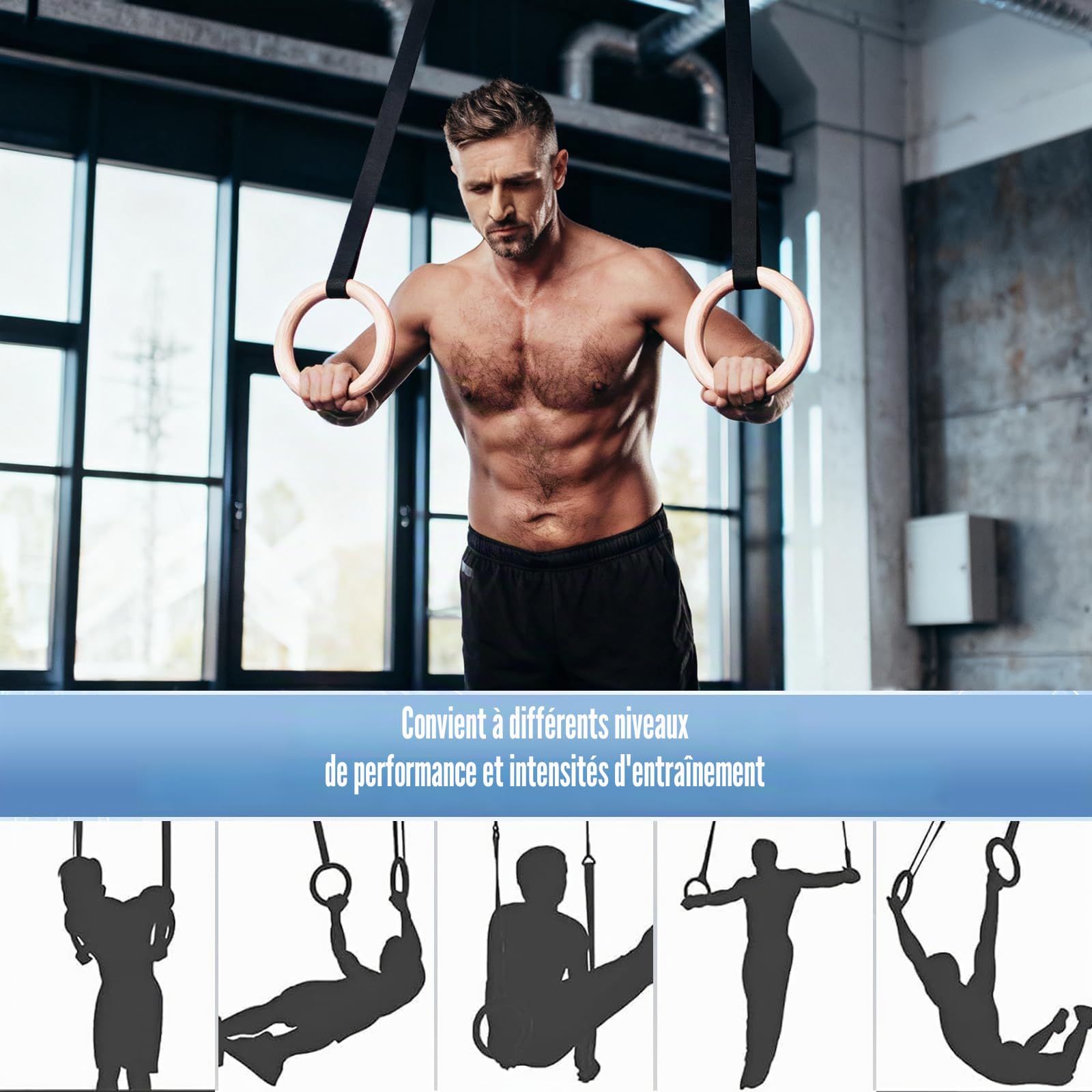 Anneaux de Sport et de Gymnastique pour entraînement, Anneaux de Gymnastique en Bois, Diamètre 28 mm, avec 2 Bandes en Nylon 5.1m Réglable Suspension Training Exercice Fitness pour Pull Up