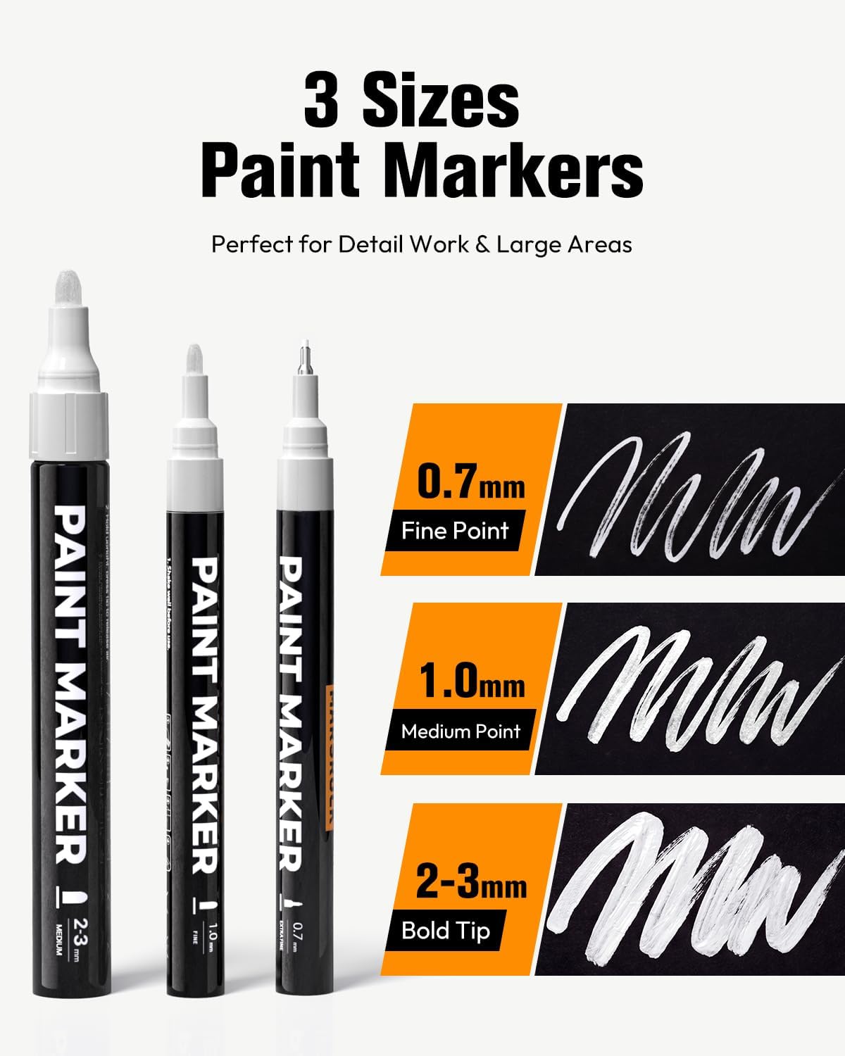 Marsrock White Paint Pens, 3 Pack Oil Based Paint Markers with 3 Tip Sizes (0.7mm, 1.0mm, 2-3mm), Waterproof Quick Dry Permanent Marker for Metal, Car Tyre, Rock, Touch Up Repair, Wood, Glass, Plastic