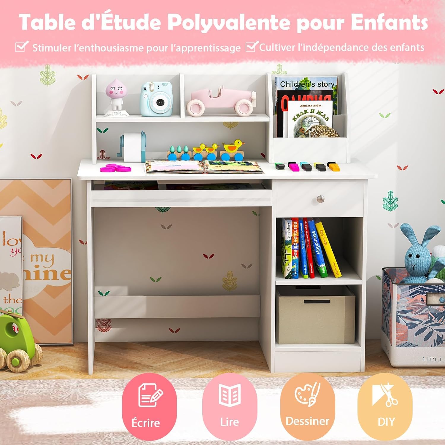 GOPLUS Bureau Enfant Fille Garcon, 3 en 1 Bureau Enfant avec Rangement, avec 1 Tiroir 2 Étagères, Table Enfant en Bois avec Plateau à Clavier, 90X45X90CM (Blanc)