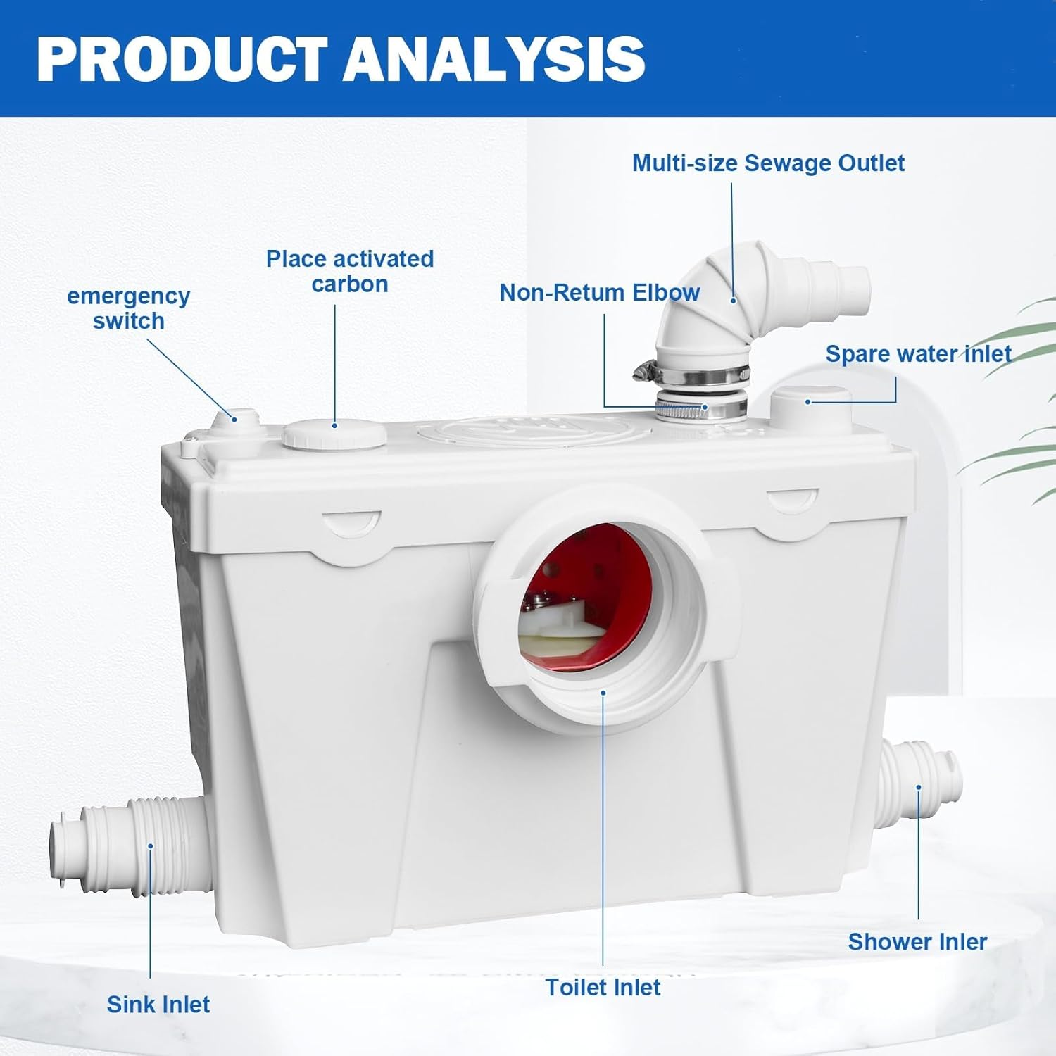 Macerating Toilet with Pump, Two-Piece Upflush Toilet For Basement, Powerful & Quiet Macerating Pump System With 4 Water Inlet & Ac Vent, 36ft Vertically, Compact Toilet