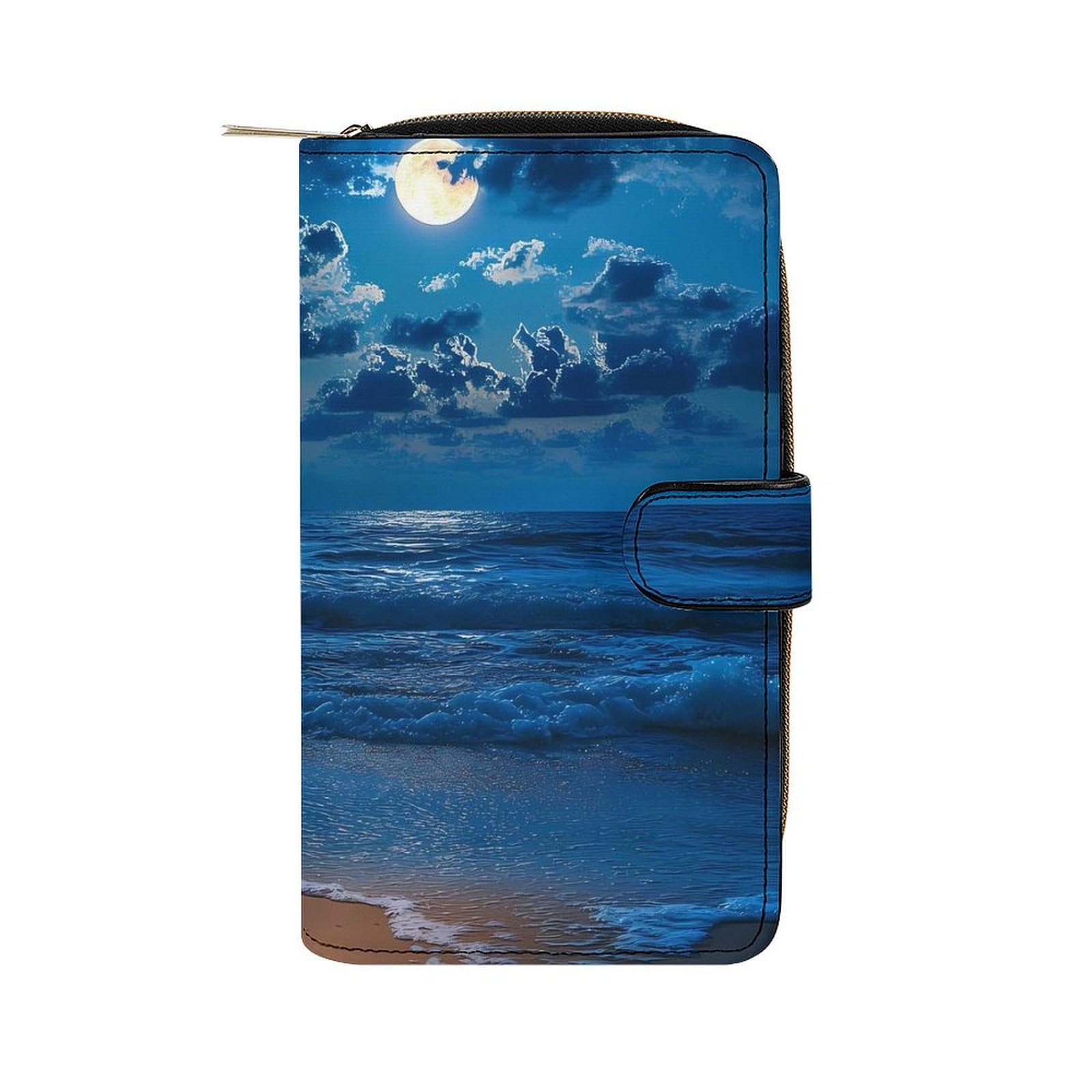 Lamp Moon And Beach Print Long Wallet PU Leather Credit Card Holder Durable Zippered Purse Clutch Wallet