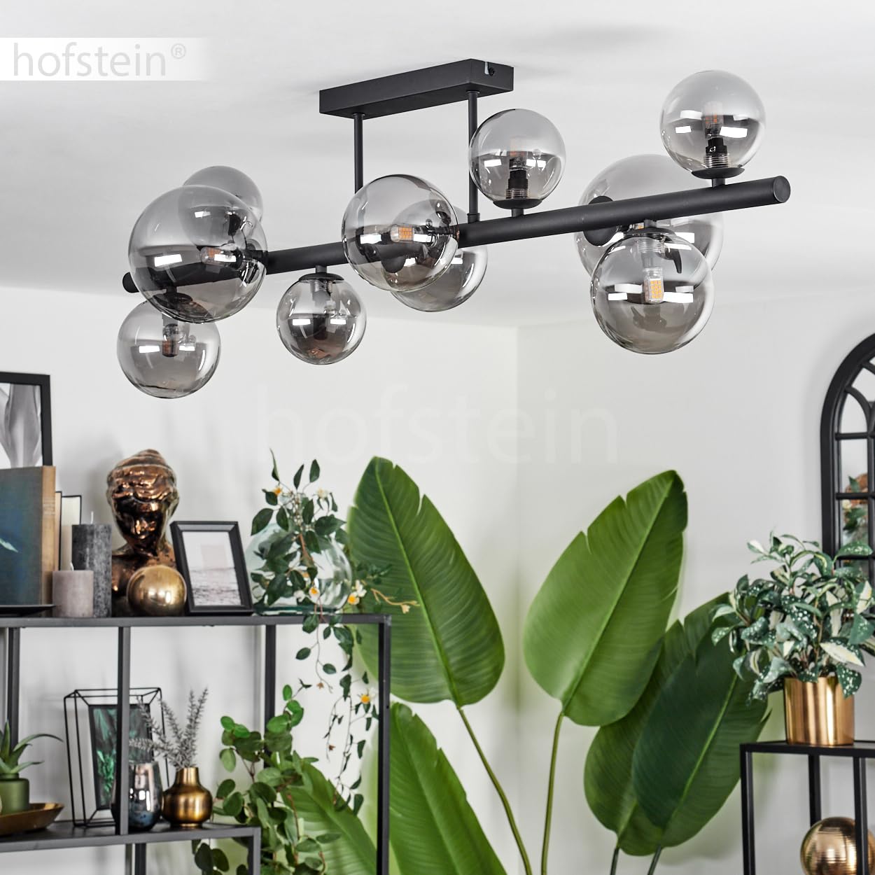 HOFSTEIN Plafoniera Chehalis, lampada da soffitto in metallo/vetro nero/fumé, illuminazione dal design moderno retrò/vintage con paralume in vetro (Ø 10 cm, 12 cm, 15 cm), 10 x G9, senza lampadine