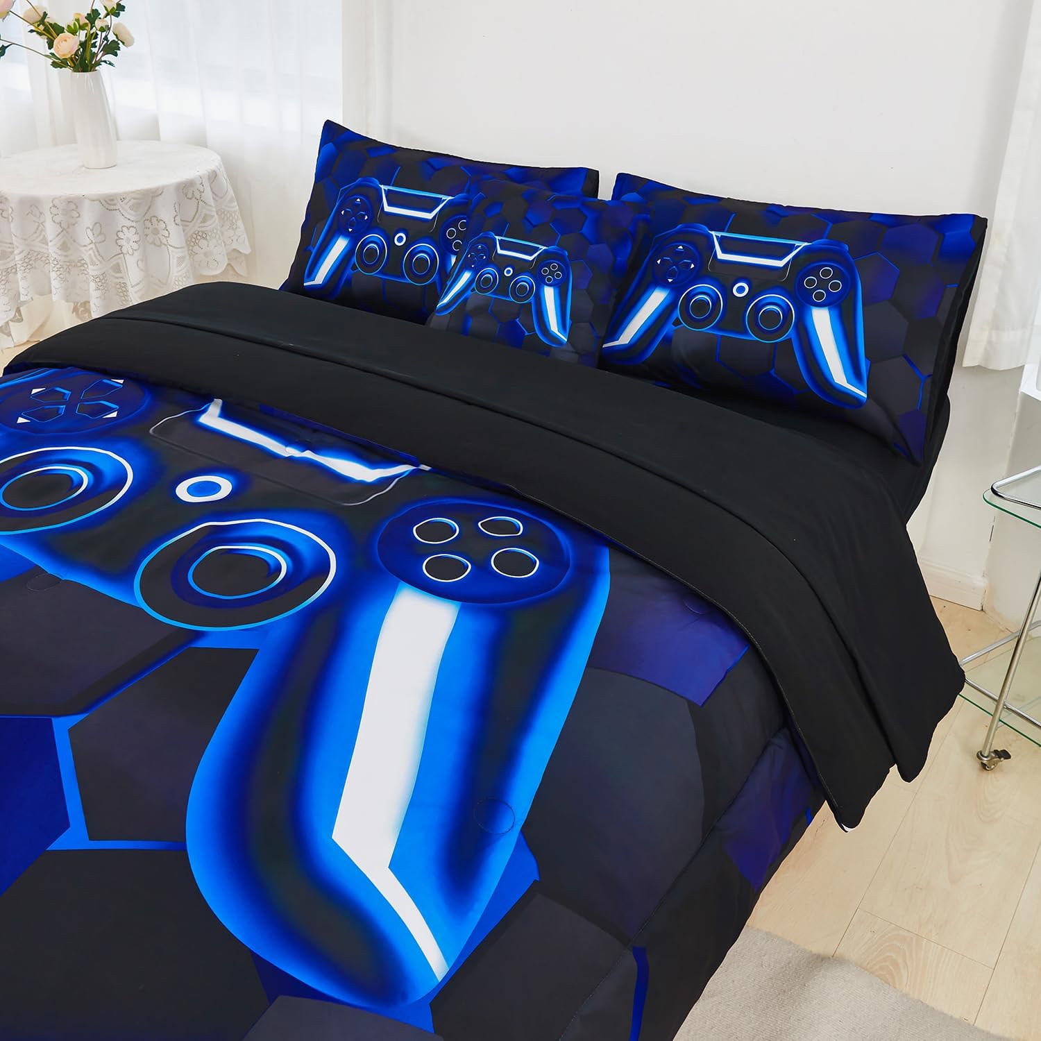 URBONUR Blue Gamer Comforter Set Queen Size for Teen Boy Bedding Sets 3D Gaming Geometric Printed Soft Microfiber Kids Bed in A Bag