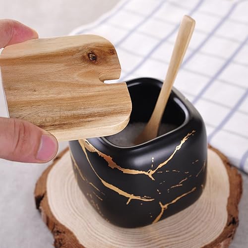 Miniatura 5 de VanEnjoy Tarro de porcelana decorativo de mármol con tapa de bambú y cuchara para condimentos para el hogar