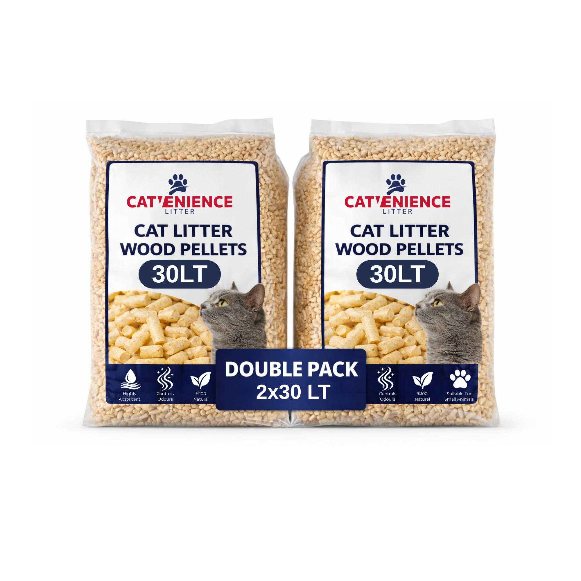 2 x 30L Wood Based Cat Litter, Ultra Absorbent, Biodegradable, Cat and Kitten, Superb Odour Control, Antibactrial, Catvenience® Wood Pellet Cat Litter | Easy to Lift (2 x 30 Litres)
