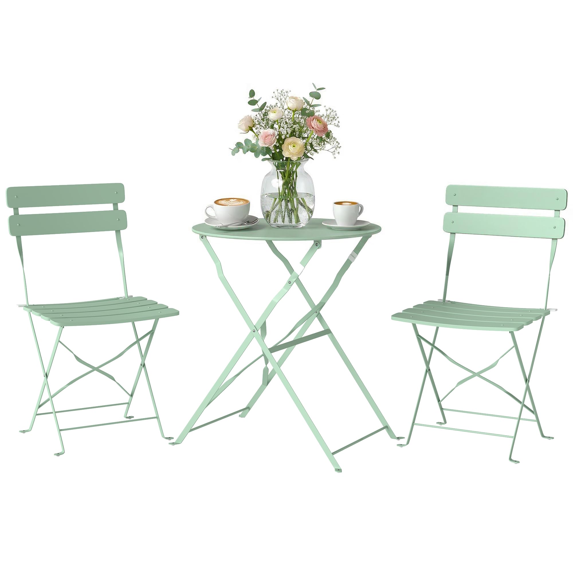 Outsunny 3 Piece Folding Bistro Set, Round Bistro Table and Chairs Set 2 with Electrophoresis Metal Frame, Small Outdoor Garden Furniture Conversation Sets for Patio, Balcony, Porch, Light Green - 2