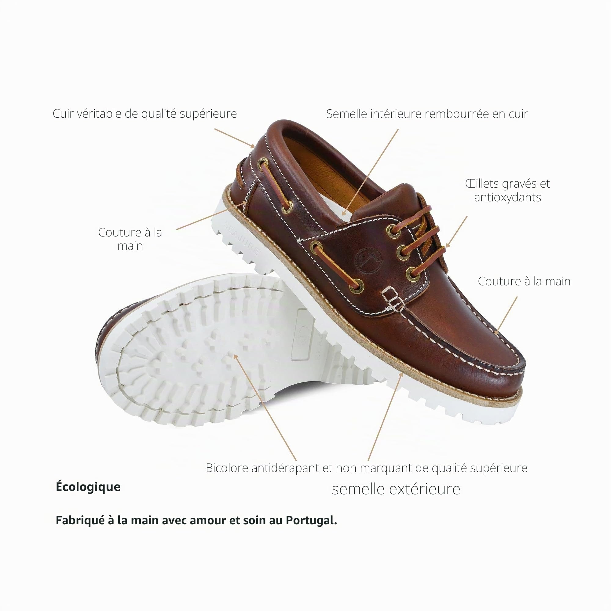 Seajure Chaussures Bateau pour Femme Alankuda en Cuir Marron et Blanc