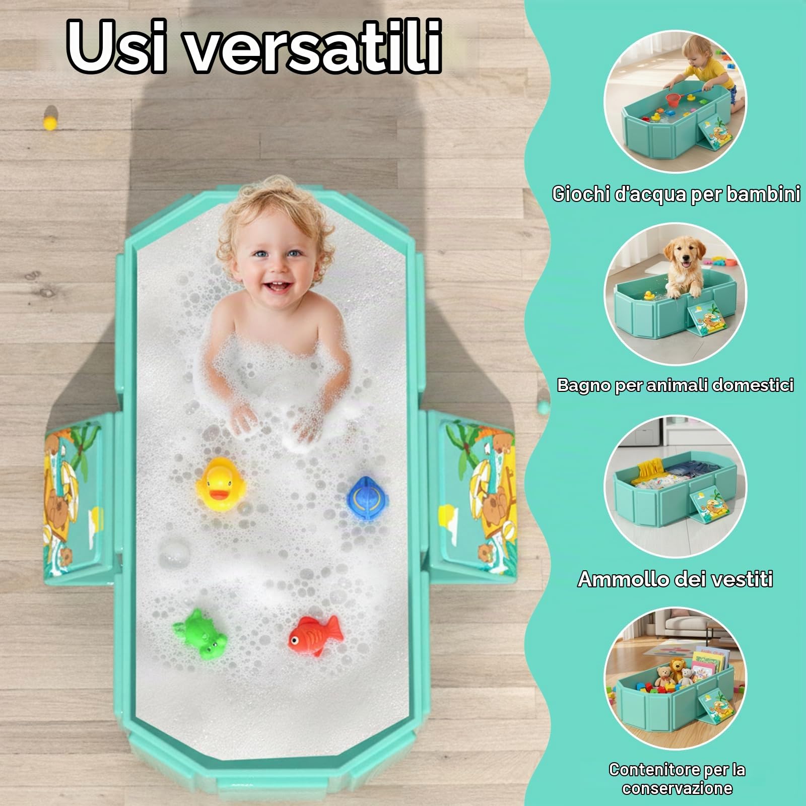 Vaschetta Vasca Bagnetto Neonato Pieghevole, Vasca da Bagno Portatile Multifunzionale per Bambini da 0 a 8 Anni, Design all-in-one con Tappo di Scarico, Salvaspazio, Antiscivolo, Verde