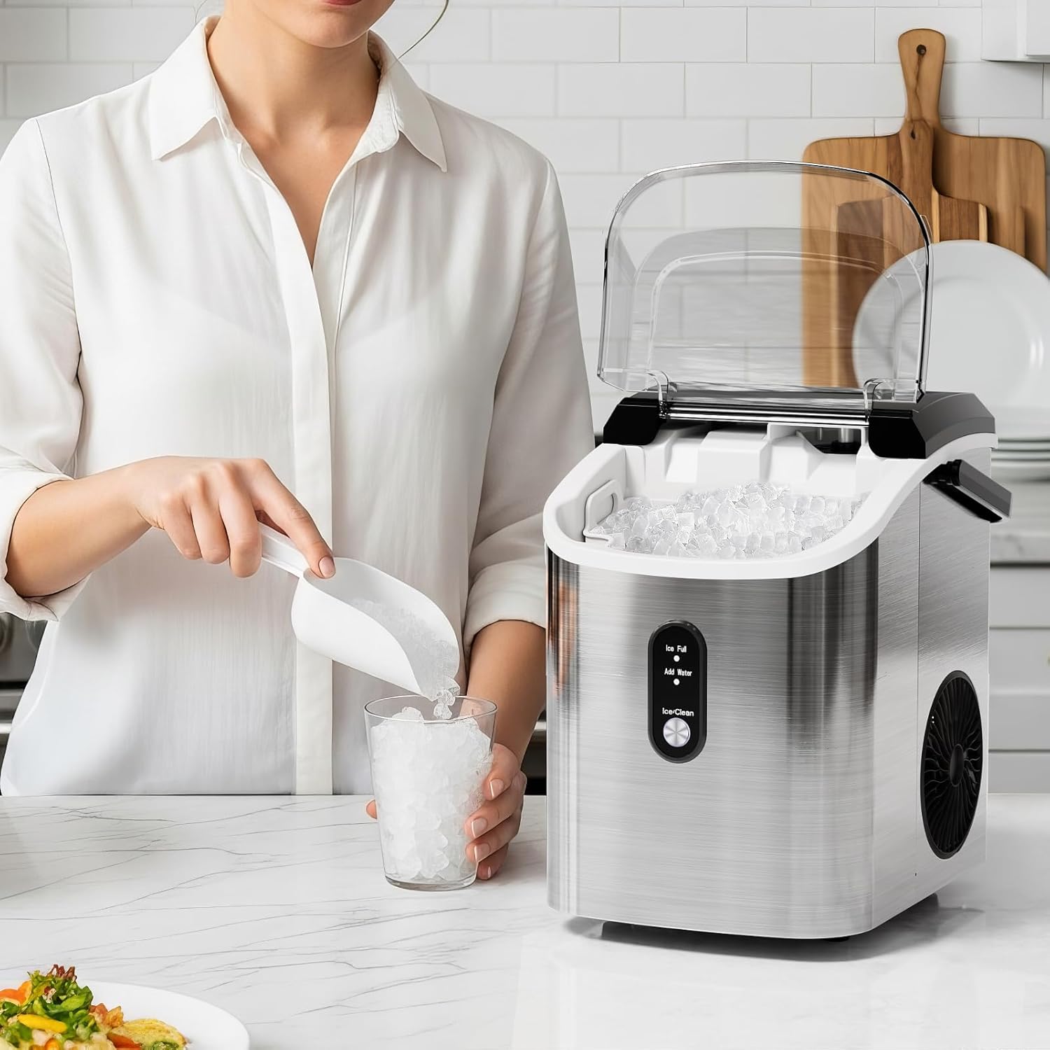 Antarctic Star Nugget Ice Makers Countertop with Auto-Cleaning, 35lbs/Day, Portable Sonic Ice Machine with Handle, Basket and Scoop for Home/Kitchen/Office/Camping(Stainless Steel Silver)