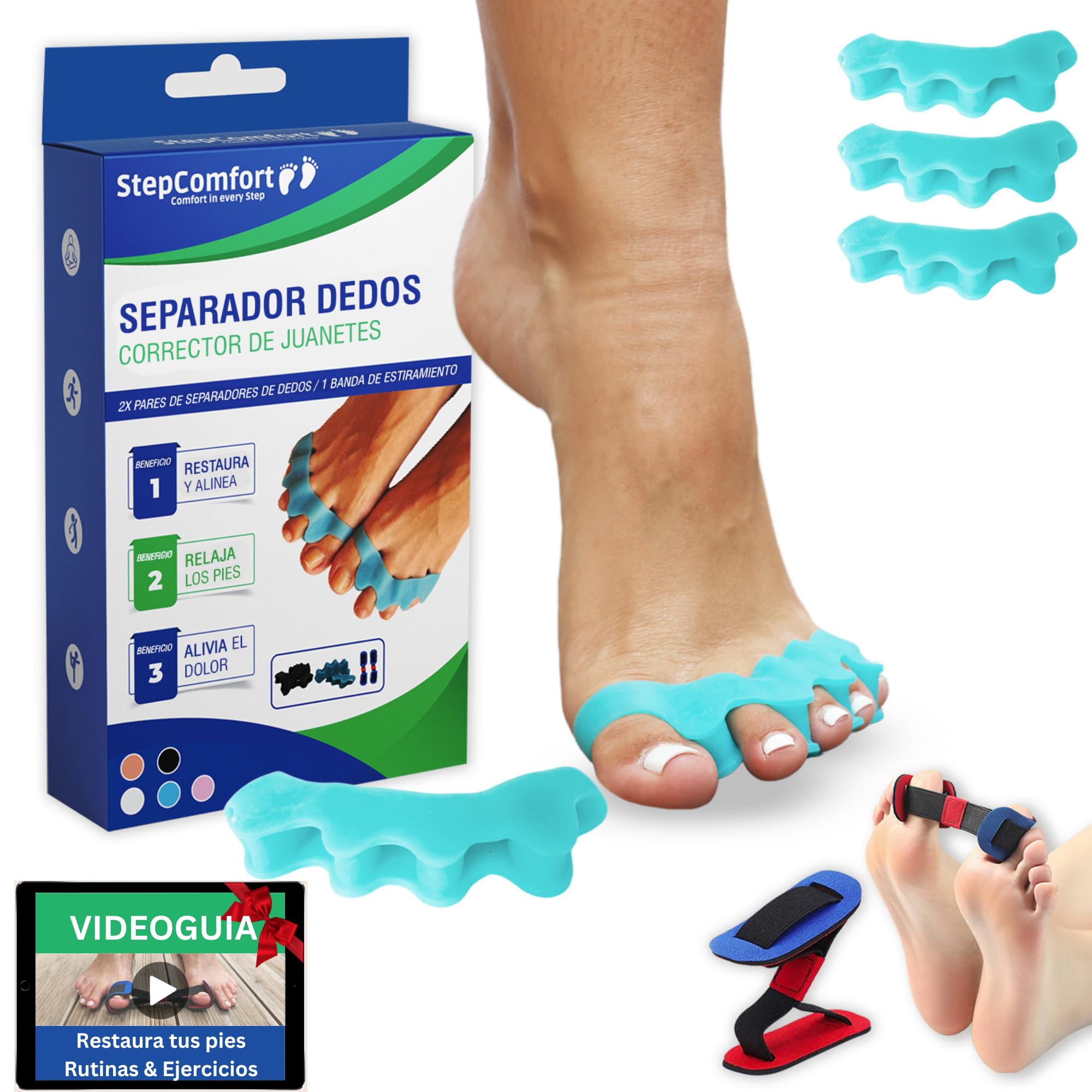 Stepcomfort Pack de Separador dedos pie Silicona (2 pares) + Corrector de Juanetes Elástico (1x) Unisex para corregir dedos superpuestos o torcidos - Relaja y Restaura de forma natural (Azul)