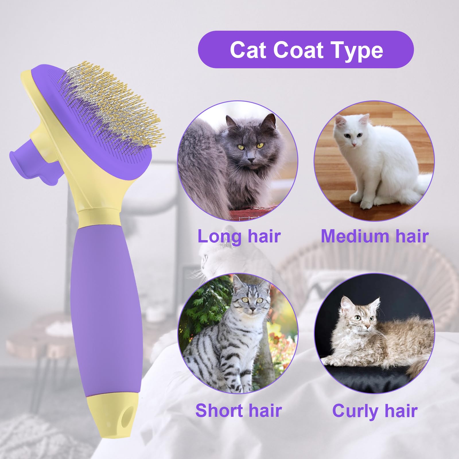 Brosse à poils de chat, brosse à poils courts et longs en silicone doux pour chats à poils courts et longs, pour le toilettage et la perte de poils (violet)