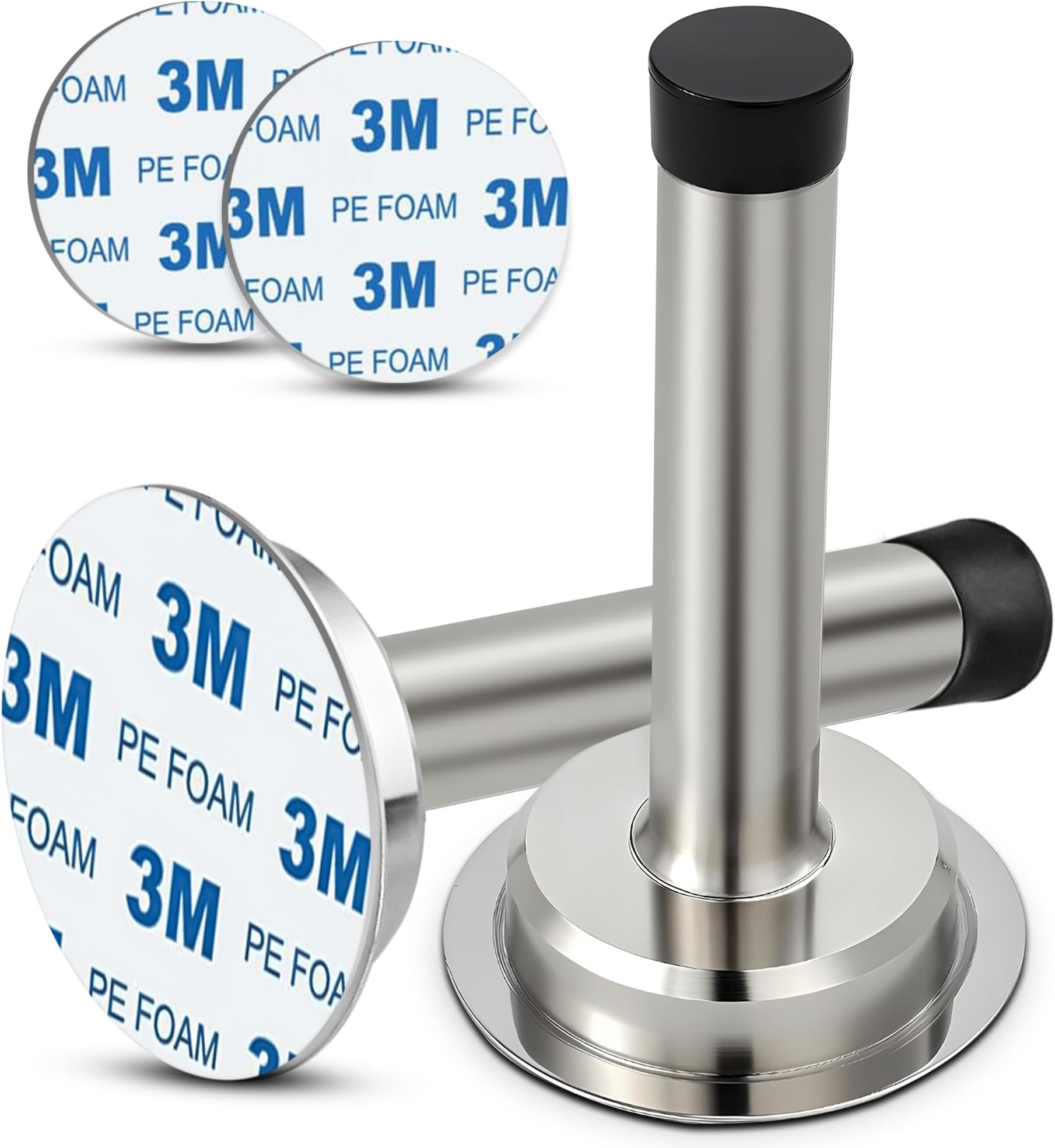 2 PCs Adhesive Mounted Door Stop | Protect Furniture & Walls from Slamming Doors | No Screw Door Stop | Stainless Steel Door Stoppers with Sound Dampening Bumper Top