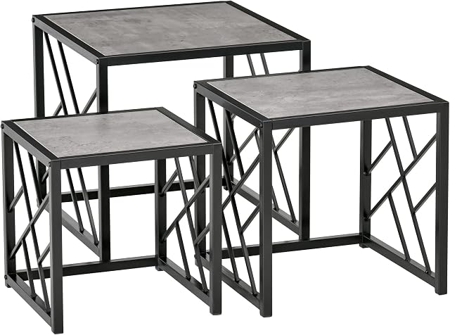 HOMCOM Set of 3 Nesting Coffee Tables, Square Side Tables with Black Metal Frame, for Living Room, Bedroom and Office, Grey
