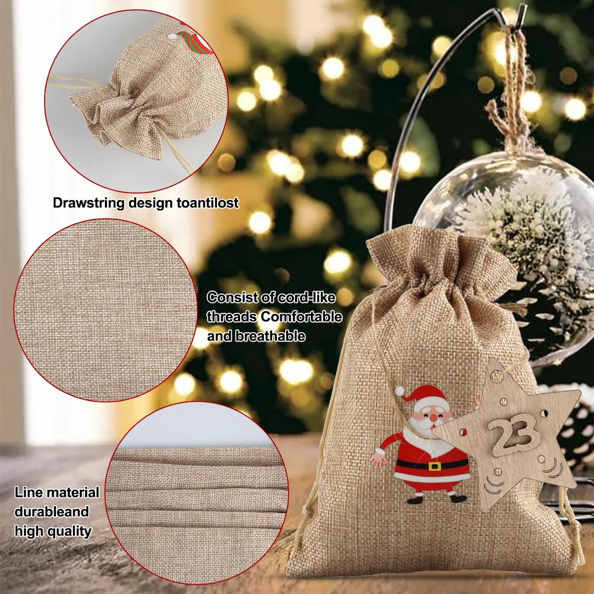 24-teiliger Adventskalender Zum Selbstbefüllen – Jutesäckchen Mit Holz-Anhängern & Hanfseil, Wiederverwendbar