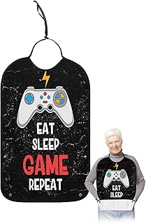 BOBOWUNY Video Game Adult Bibs for Elder Women Men Eating, Eat Sleep Game Repeat Play Handle Black Waterproof & Washable Bibs for Eating Clothing Protector Dining Bibs for Crumb Catcher
