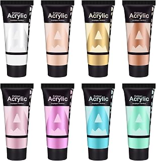 AUREUO Metallic Acrylic Paint Set - 8 Pearlescent Colors 0.71 Fl Oz / 21ml Tubes Shinning Art Paints for Crafts Decor Rich Pigments Non-toxic Painting Supplies for Artists