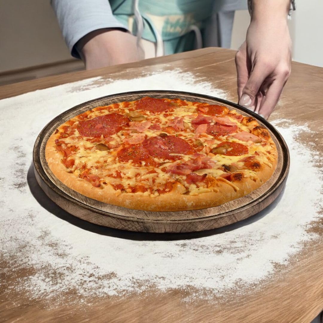 Wooden Twist Suzlro Mango Wood Round Pizza Platter Rustic Antique Brown Handmade Serving Tray for Snacks, Dry Fruits, Cupcakes, and Party Displays (Antique Brown)