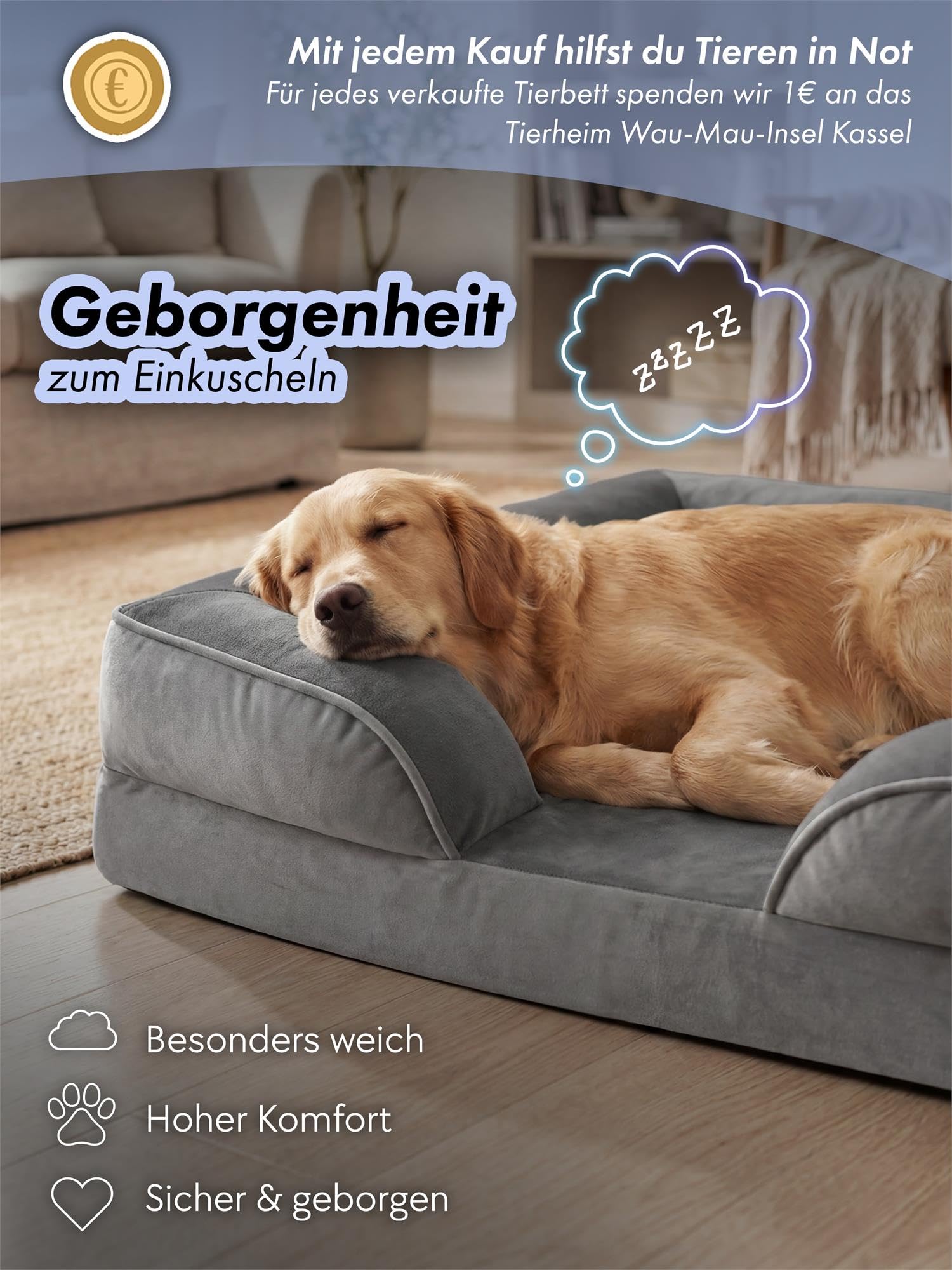 normani Ergonomisches Hundebett für große, mittlere und kleine Hunde - Orthopädisches Hundekissen - Hundecouch mit hohem Rand Anthrazit 60 cm x 80 cm x 16 cm