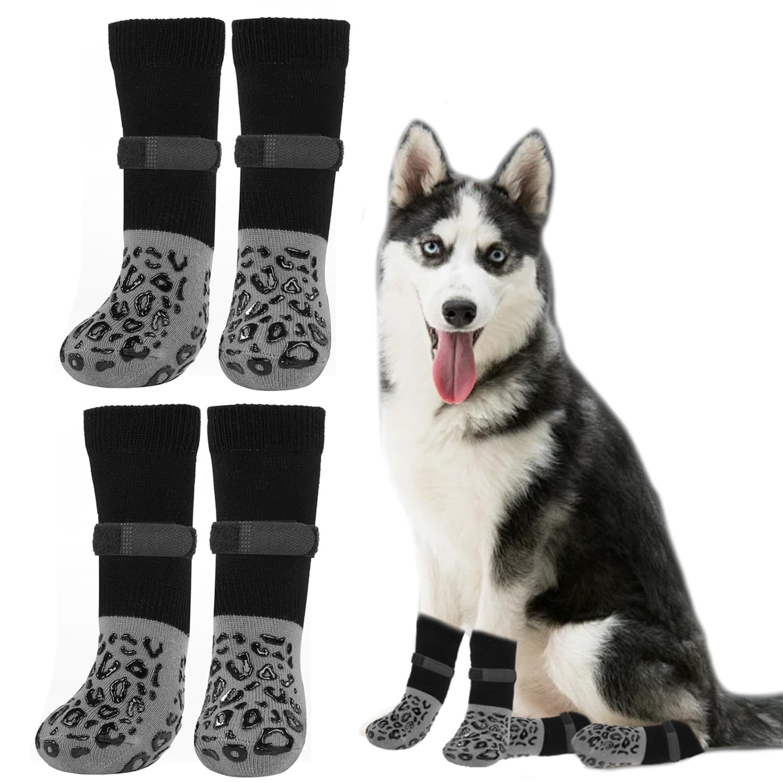 Chaussette pour Chien, 2 Paires Chaussettes Chien Antidérapantes, avec Fermeture Bande Auto Réglable Protections de Pattes pour Chaussettes pour Chiens, pour L'extérieur et L'intérieur(M)
