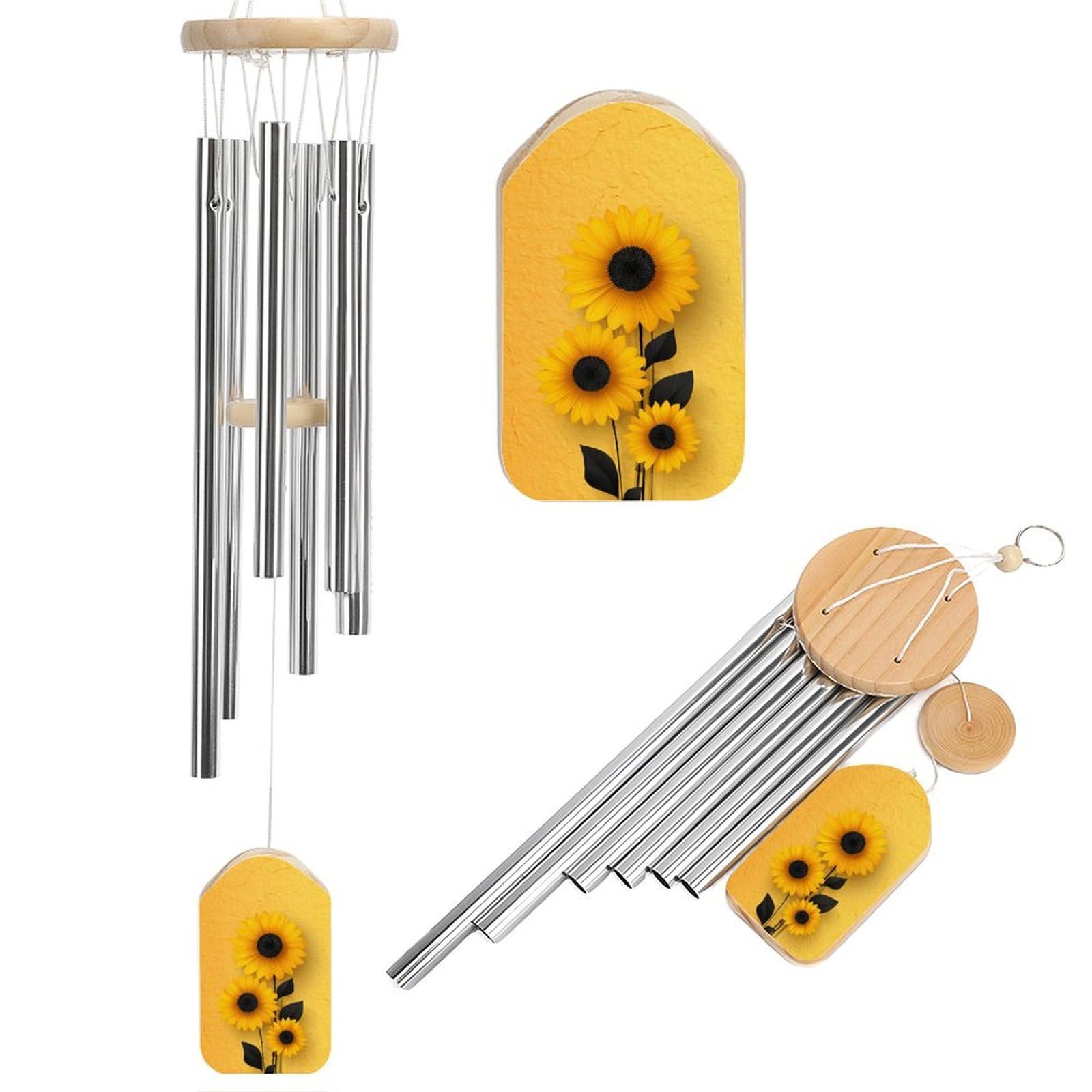 Yellow And Black Sunflower Minimalistic Wind Chimes Memorial Deep Tone Windchime with 6 Aluminum Tubes Outdoor Backyard Garden Decoration