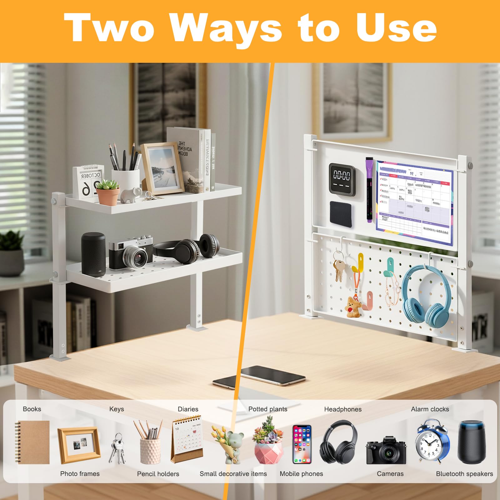 Cyiecw Clamp-on Étagère de Rangement à 2 Niveaux, Organisateur de Bureau 34 cm avec Panneau Perforé, Étagère Livre Pivotant à 270° pour la Maison, Le Bureau ou la Chambre D'étudiant, Blanc